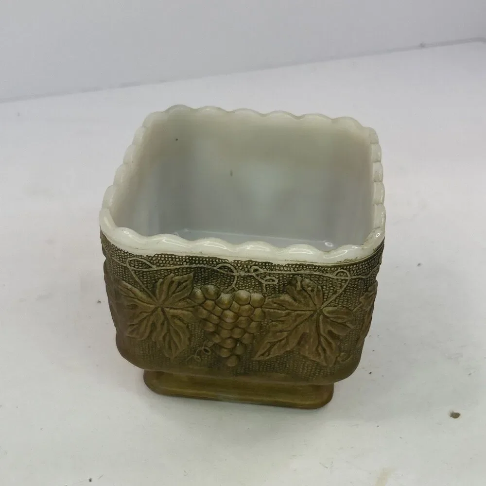 Vintage Indiana Glass Harvest Grape 4x4 Square Footed Candy Dish Gold Milk Glass